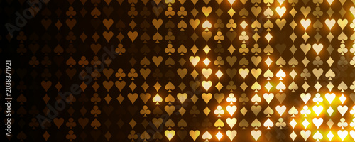 Foto Golden Vip Casino poker suits seamless pattern, spades, hearts, clubs, diamonds texture on dark gold background