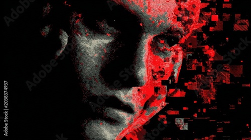 Cuadro en lienzo Portrait of person with silver hair and glasses with red digital glitch effect