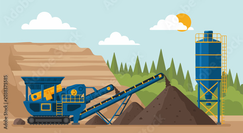 Fotografía Industrial construction site with a conveyor belt, crusher, and silo - vector il