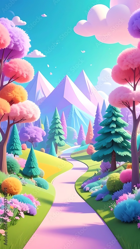 Obraz premium A vibrant cartoon landscape with a winding path through colorful trees and flowers