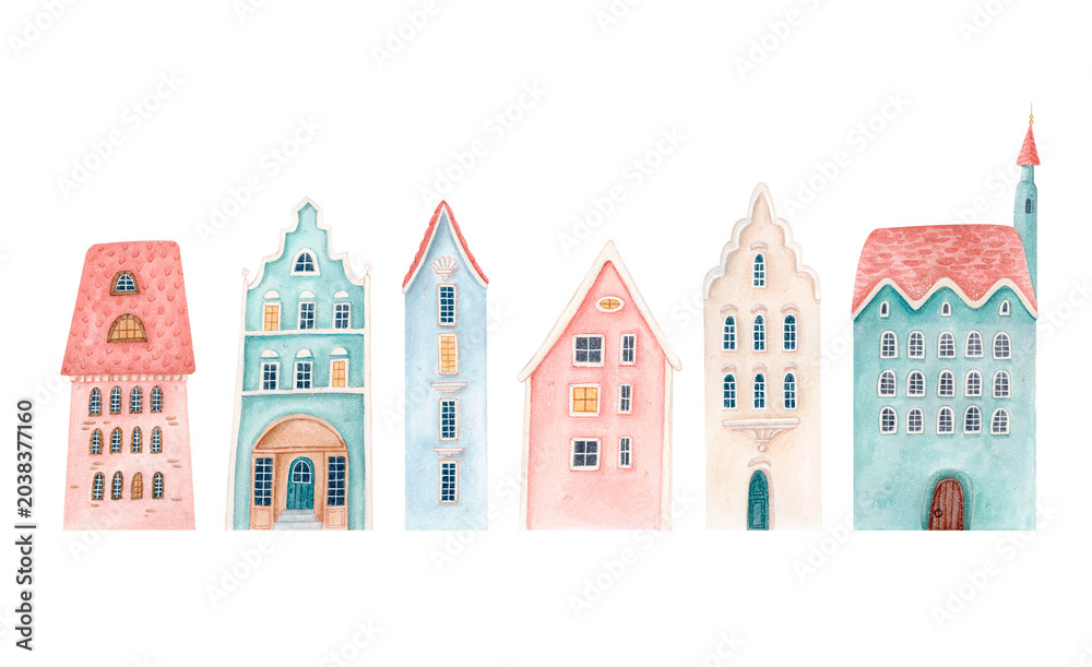 Fototapeta premium Hand drawn watercolor Christmas town houses isolated illustration. Festive European architecture clipart collection. Cozy pastel fairytale buildings for holiday cards, branding and winter designs.