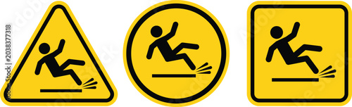 Foto Slipping Hazard Warning Icons Yellow Safety Signs for Wet Floor and Stair Danger