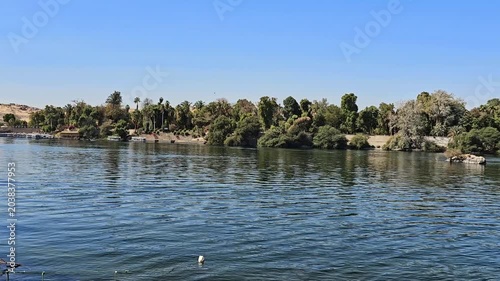 Panoramic view from Elephantine Island over Nile River at Aswan, Egypt.