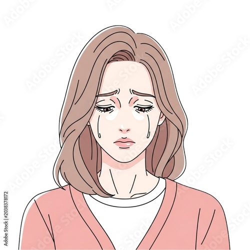 Cuadro en lienzo Sad woman crying with tears on her face in a pink cardigan on a transparent back