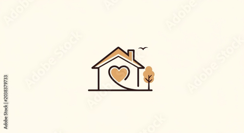 Tableau sur toile Minimal Line Art House with Heart and Tree Illustration on Cream Background