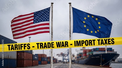 Flags of the USA and European Union separated by yellow tape marked 