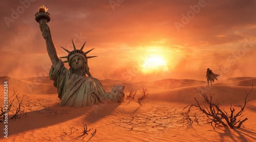 Bilde på lerret Statue of Liberty rising from desert sand dunes at sunset, glowing orange sky and blazing sun on the horizon
