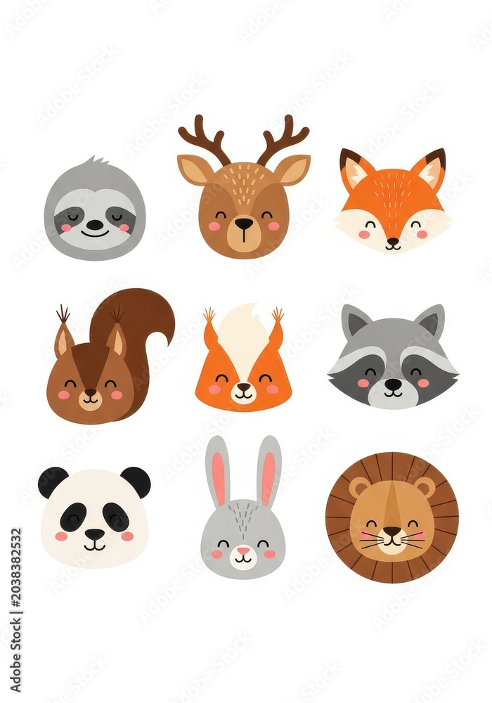 Naklejka premium Cute Cartoon Animal Faces Set - Sloth, Deer, Fox, Squirrel, Raccoon, Panda, Rabbit, and Lion Vector Illustrations for Kids