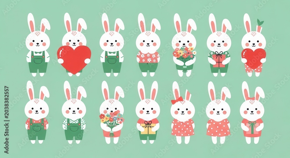 Fototapeta premium Cute Cartoon Bunny Character Set with Hearts Flowers and Gifts for Valentine's Day and Easter Celebration Illustration