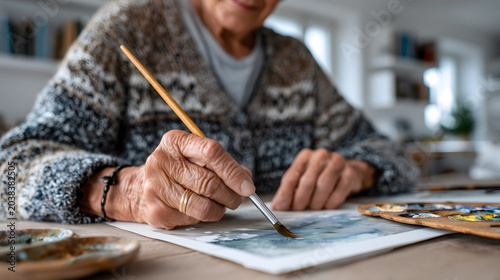 Elderly woman painting a picture with watercolors in her home