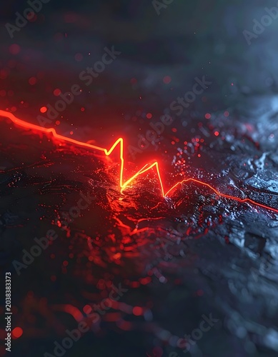A vibrant red neon line traverses a dark, textured surface