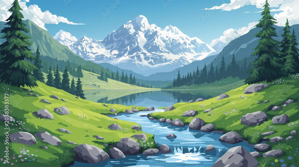 Εκτύπωση καμβά illustration of a breathtaking alpine landscape featuring snow-capped mountains in the background, a calm reflective lake nestled in a valley