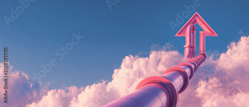 Pink arrow-shaped pipeline rises through fluffy clouds against a clear blue sky, symbolizing growth, progress, and innovation in business or technology.