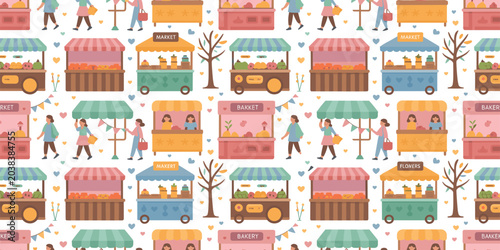 Fotografie Colorful seamless pattern featuring outdoor market stalls, fresh produce, bakery