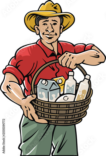 Tableau sur toile Smiling cartoon milkman or farmer in a straw hat and red shirt carrying a woven