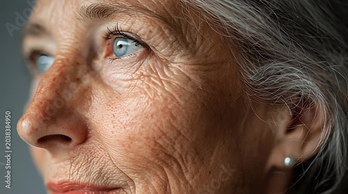 Close-up portrait of an elderly woman with striking blue eyes and grey hair, showing signs of aging.