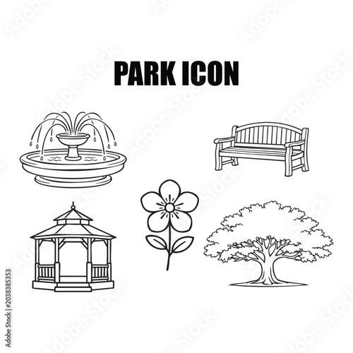 Clean black and white line vector icons featuring park elements including fountain, bench, gazebo, flower, and tree.
