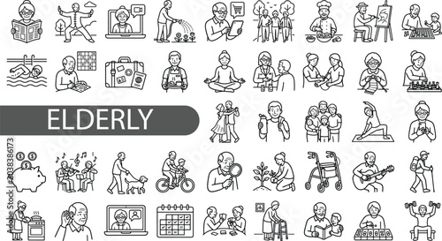Elderly icon set. senior, pensioner, grandparent, caregiver, health care, Editable line icons