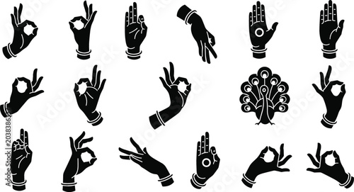 Indian Classical Dance Mudra Hand Gestures Silhouette Icon Set with Traditional Peacock Symbol Vector Illustration