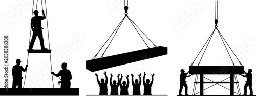 Bild auf Leinwand Set of construction worker silhouettes lifting heavy cargo panel using industria