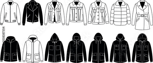 Tableau sur toile Set of men autumn and winter jacket icons bomber leather coat puffer and hoodie