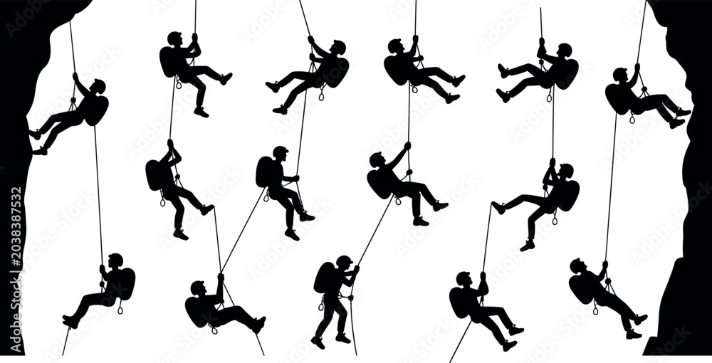 Ταπετσαρία Rock climbing and mountaineering vector silhouette icons collection of people ra