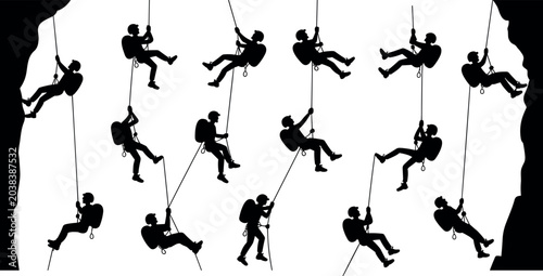 Εκτύπωση καμβά Rock climbing and mountaineering vector silhouette icons collection of people ra