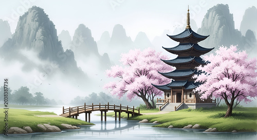 Serene Japanese Pagoda Amidst Cherry Blossoms and Misty Mountains.