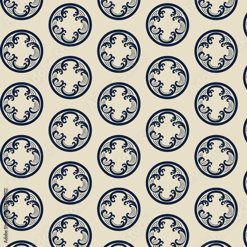Japanese Ocean Wave Crest Seamless Pattern in Indigo and Beige