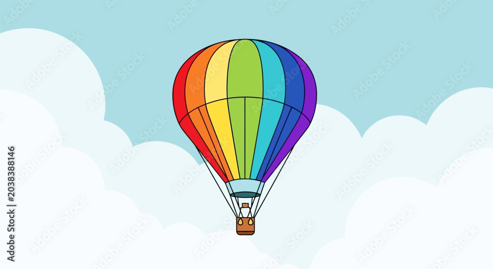 Fototapeta premium Rainbow hot air balloon floating in cloudy sky, illustration