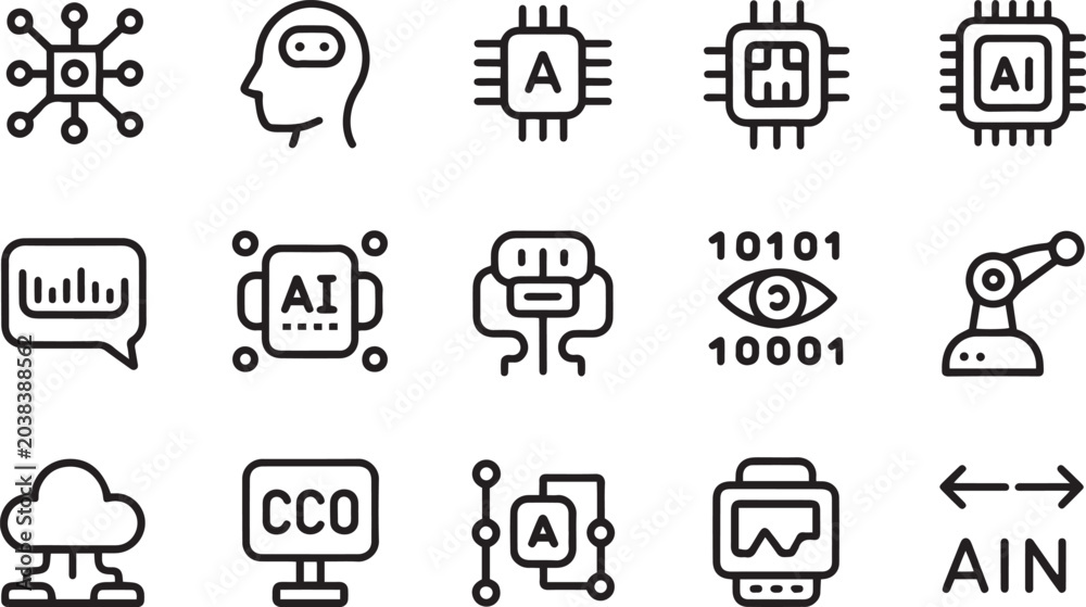 Fototapeta premium Artificial Intelligence, Machine Learning, and Future Robotics Line Icon Set