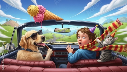 Excited golden retriever driving a convertible with a surprised boy and playful cat Wallpaper Background image