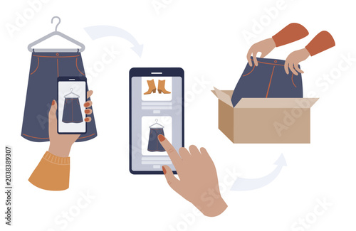 Secondhand shopping on internet, online marketplace concept illustration.