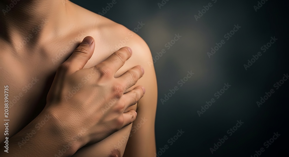 Obraz premium Close-Up of a Hand Gently Touching a Bare Shoulder in Soft Light