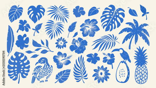 tropical plants and birds silhouette collection on cream background blue leaves flowers palm tree fruit parrot hibiscus monstera pattern vector illustration