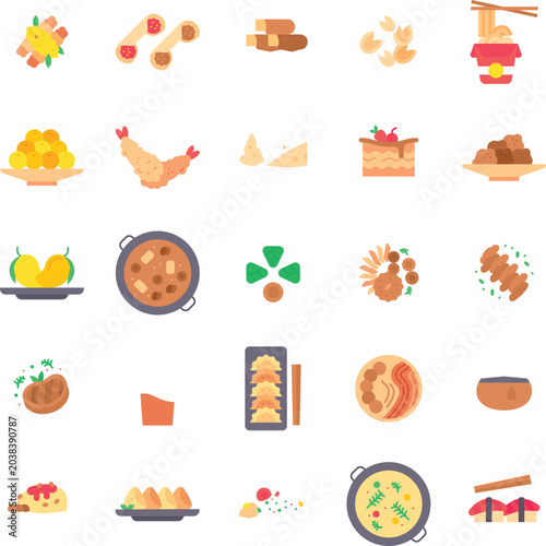 Foto Asian Food Flat Icon Collection with Traditional Cuisine Dumplings Noodles Rice