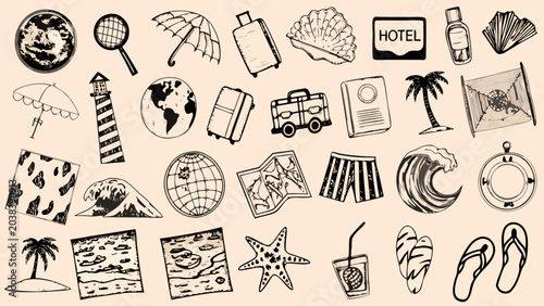Schilderij op canvas travel icons set in line art style vacation tourism luggage suitcase passport ho
