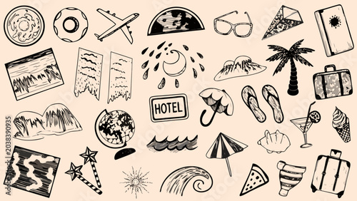 Fotografía travel icons set in black and white line art style on beige background airplane