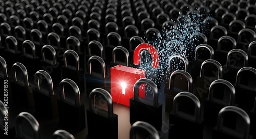 Red security lock among rows of empty chairs in a dark room signaling data protection and digital privacy in modern technology.