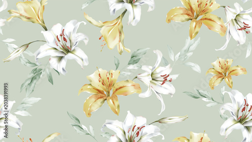 Floral seamless pattern featuring watercolor-style Casa Blanca lily and Polly...