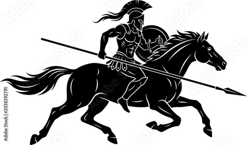 Cuadro en lienzo Ancient Greek warrior riding horse with spear silhouette illustration for classi