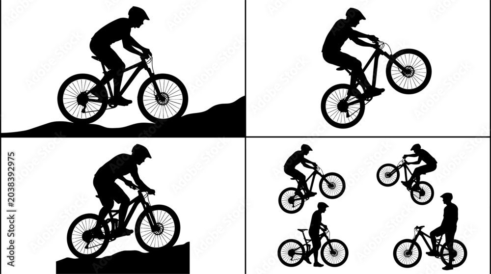 Obraz premium Bicycle stunt silhouette illustration collection with uphill riding, wheelie, obstacle tricks, and jump sequence, symbolizing sport, lifestyle, creativity, and design concepts