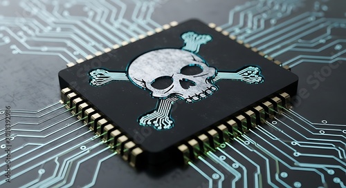 Skull Emblem on Black PCB Microchip with Cyberpunk Theme.
