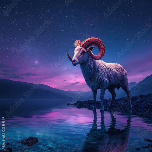 Fantasy Aries ram with luminous horns beside crystal lake at night, reflective water surface, vivid purple and cyan tones, ultra realistic fur details, magical celestial environment