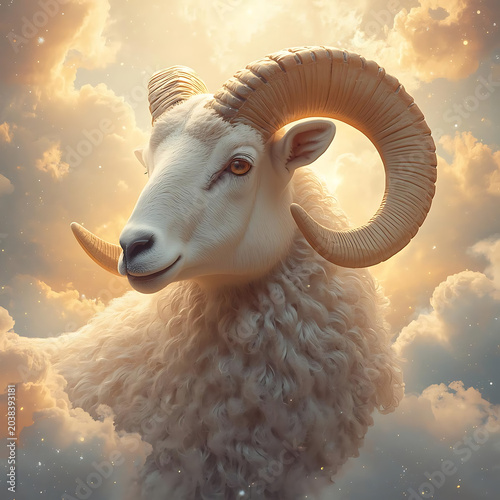 Powerful Aries ram portrait surrounded by soft clouds and celestial light, realistic wool texture, radiant warm orange and silver tones, dreamy fantasy style