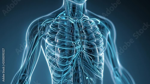 Abstract 3D rendering of the human circulatory system with glowing blue veins and arteries.