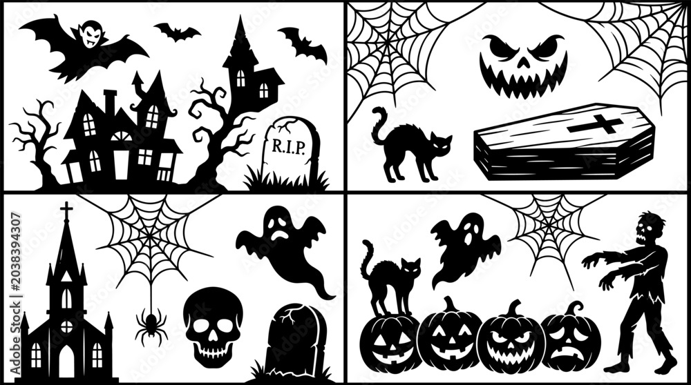 Obraz premium Halloween Horror Silhouette Collection Featuring Haunted Houses, Ghosts, Pumpkins, Zombies, and Spooky Graveyard Design Elements