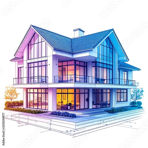 Modern two story house with colorful lights.