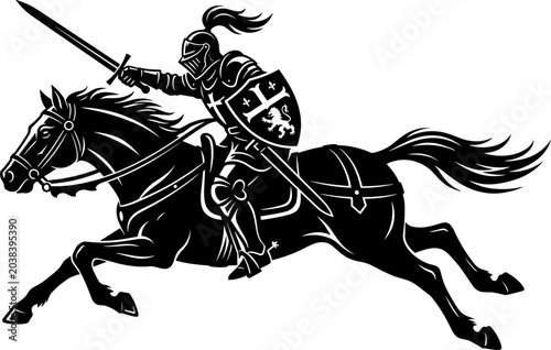 Tableau sur toile Medieval knight riding horse with raised sword silhouette illustration for histo