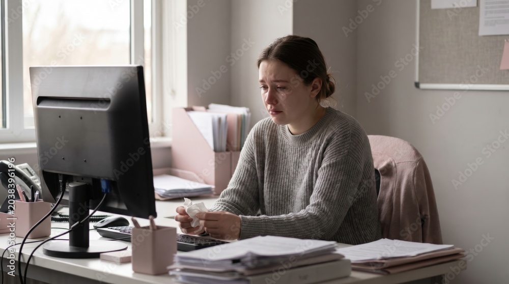 Fototapeta premium Focused young woman working at a modern office desk with a computer and paperwork